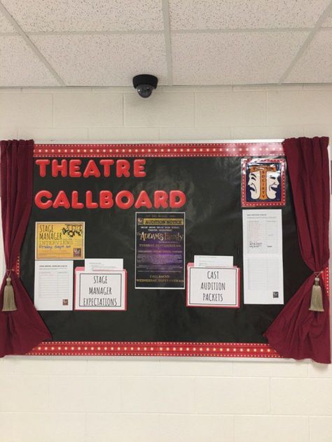 Theatre callboard #drama #drama #theatre High School Theatre Classroom Decor, Drama Display Boards, Theater Club Ideas, Theater Teacher Classroom, Performing Arts Classroom, Drama Room Ideas School, Drama Classroom Ideas, Theater Classroom Ideas High Schools, High School Drama Classroom