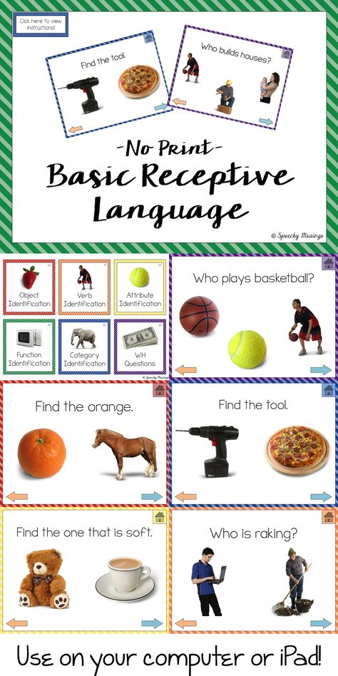 Speechy Musings: Check out this no print packet that works great on the iPad or computer! Preschool Speech And Language Activities, Basic Concepts Speech Therapy, Receptive Language Activities, Speech Therapy Worksheets, Preschool Language, Speech Language Activities, Slp Activities, Slp Ideas, Language Worksheets