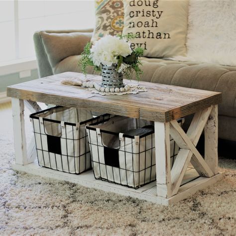 Update your home with this wooden coffee table. This table has been built from naturally weathered reclaimed wood and comes with a roomy storage deck underneath for storing books, magazines and decor. Diy Farmhouse Ideas, Farmhouse End Tables, Coffee Table Ideas, Table Farmhouse, Coffee Table Farmhouse, Rustic Coffee Tables, Inspire Me Home Decor, Solid Wood Flooring, Diy Coffee Table