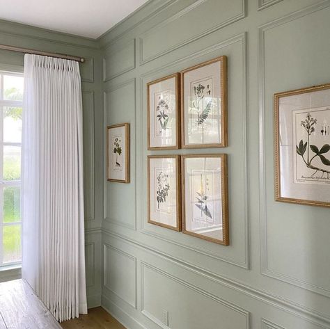 Sage Green Wall Paneling, Wall Paneling With Art, White Paneling With Green Walls, Painted Wall Moulding, Green Walls With Paneling, Colored Panel Walls, Study Wall Paneling, Light Green Wall Panelling, Green Wall With Wainscoting