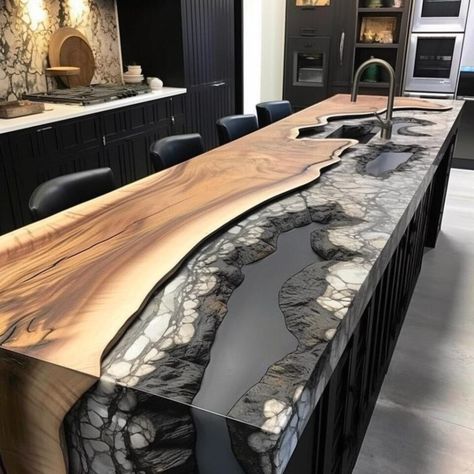 Live Wood Countertop, Live Edge Living Room, Custom Kitchen Table Ideas, Live Edge Resin Countertop, Live Edge Epoxy Countertop, Wood Bar Makeover, Kitchen Island Decorating Ideas Rustic, Unique Kitchen Island Countertops, Organic Modern Countertops