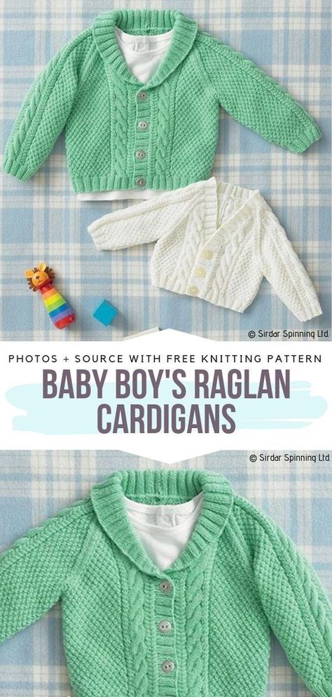 Baby Boy's Raglan Cardigans Free Knitting Pattern This adorable cardigan not only has a beautiful texture but is also easy to knit. Pastel shades look great and you can definitely make it for a boy as well as for a girl. #knittedbabycardigan Crochet Baby Shrug, Free Baby Sweater Knitting Patterns, Baby Boy Knitting Patterns Free, Boys Knitting Patterns Free, Baby Boy Cardigan, Knitting Patterns Boys, Baby Cardigan Knitting Pattern Free, Kids Knitting Patterns, Baby Cardigan Pattern