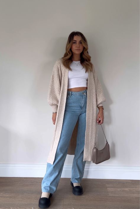 Beige knitted longline cardigan curated on LTK Outfits With Long Beige Cardigan, Long Cardigan Aesthetic, White Long Cardigan Outfit, Beige Long Cardigan Outfit, Cream Cardigan Outfit Winter, Long Beige Cardigan Outfit, Long Knit Cardigan Outfit, Longline Cardigan Outfit, Big Cardigan Outfit