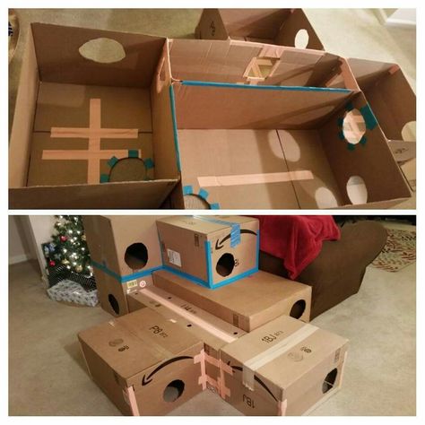 Rat Cardboard House, Diy Cat Fort Cardboard Boxes, Cat Box Fort, Cat Forts Cardboard Boxes, Box Fort For Cats, Cat Cardboard Box Ideas, Cat Fort, Cat House Diy Cardboard, Diy Bunny Toys