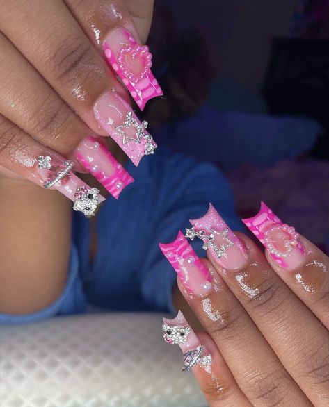 nails Nails Acrylic Crazy Art Ideas, Acrylic Nails Extra Designs, Cute Pink Nails With Charms, Med Acrylic Nails Square, Medium Length Junk Nails, Cute Long Nails With Charms, Cute Nails Acrylic With Charms, Pink Nail Charms, Spring Junk Nails