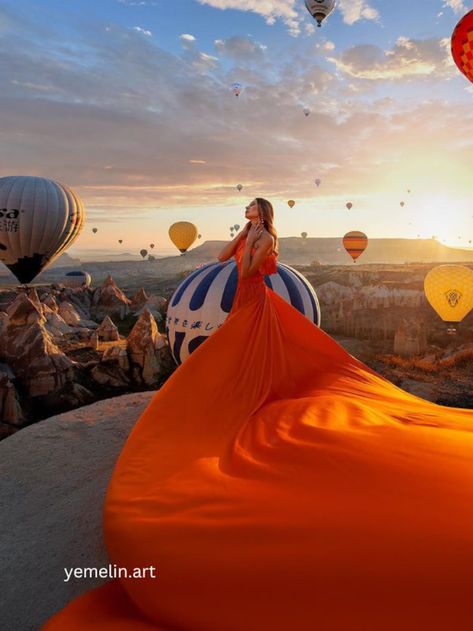 Orange Evening Dress, Flowy Satin Dress, Goreme Turkey, Santorini Flying Dress, Long Train Dress, Orange Evening Dresses, Dress For Photoshoot, Orange Season, Flying Dress