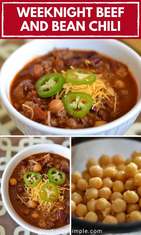 Weeknight beef and bean chili. Best Fall Soups, Fall Soups And Stews, Beef And Bean Chili, Recipes With Diced Tomatoes, Garbanzo Bean Recipes, Cannellini Beans Recipes, Homemade Chili Recipe, Ground Beef Chili, Green Chilis