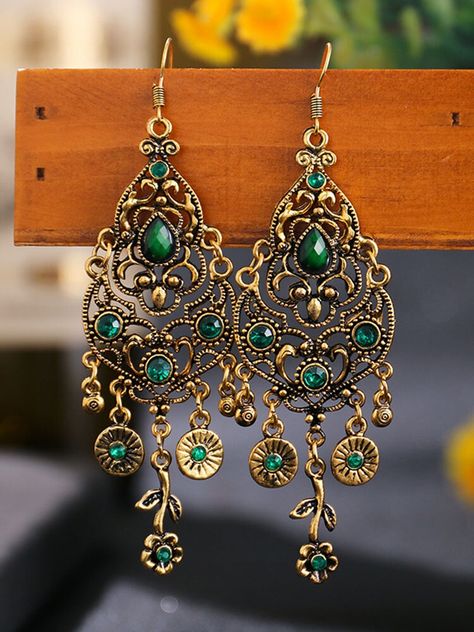 Vintage Crystal Flower Earrings Temperament Alloy Multi-layer Earrings Ottoman Jewelry, Hollow Earrings, Casual Jewelry, Indian Earrings, Ethnic Earrings, Long Dangle Earrings, Bohemian Earrings, Crystal Flower, Green Gemstones