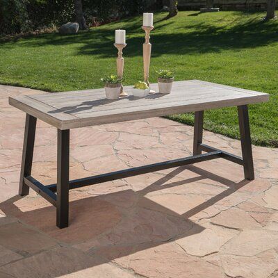 Williston Forge Liverman Solid Wood Dining Table Top Color / Base Color: Light Gray Top / Black Base Rustic Outdoor Dining Tables, Acacia Wood Dining Table, Patio Farmhouse, Dinning Tables, Inspired Aesthetic, Metal Dining Table, Mesa Exterior, Dining Table Black, Iron Table