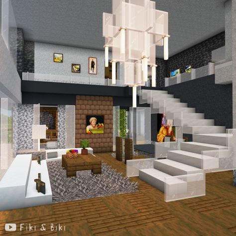 Minecraft build videos on our YouTube channel: Fiki & Biki 🐔 Minecraft Townhouse Interior, Minecraft Houses Living Room, Modern Minecraft Stairs, Minecraft Modern Chandelier, Cute Modern Minecraft Houses, Modern House Ideas Minecraft, Mincraft Home Ideas, Minecraft Toturial, Minecraft Building Ideas House Modern