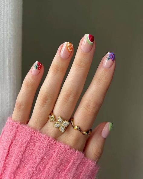 Natural Nails Spring, Nail Inspo Natural Nails, Fruit Nail Designs, Fruit Nails, Fruit Nail Art, Square Nail Designs, Round Nails, Cute Nail Art, Floral Nails