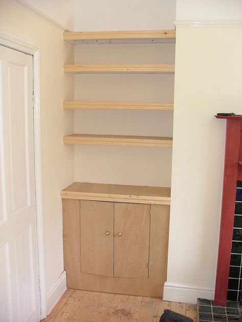 Alcove cupboard with shelving above | Harrison Fine Woodwork | Lee Harrison Kitchen Alcove Ideas, Kitchen Alcove, Alcove Ideas, Alcove Units, Alcove Cupboards, Alcove Shelving, Corner Bookcase, Cupboard, Manchester