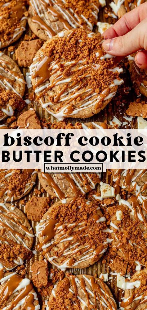 These Biscoff cookies take everyone's favorite biscuit cookie and turns it into a melt-in-your-mouth, decadent drop cookie topped with white chocolate, cookie butter, and crushed Biscoff. Cookies And Cups Recipes Shelly Jaronsky, Cookie Recipes Butterscotch Chips, Biscoff Cookie Recipes Easy, Root Beer Float Cookies, White Chocolate Biscoff Cookies, Biscoff Christmas Cookies, What To Do With Cookie Butter, Frosted Chocolate Chip Cookies, Take 5 Cookies