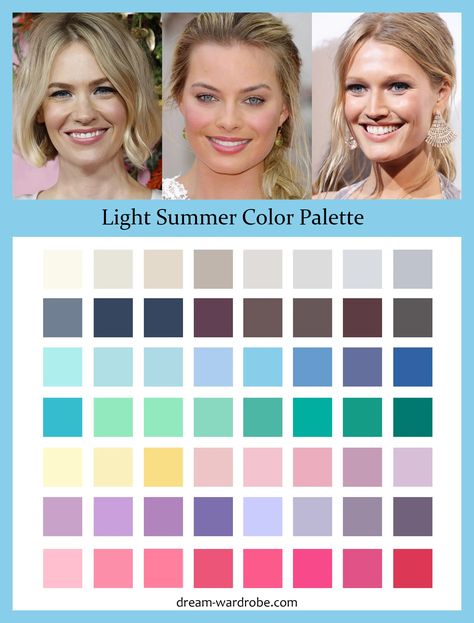 Light Summer Color Palette and Wardrobe Guide – Dream Wardrobe Light Summer Clothes, Color Analysis Summer, Cool Summer Palette, Light Summer Color Palette, Soft Summer Color Palette, Light Spring Colors, Soft Summer Colors, Summer Palette, Summer Color Palette