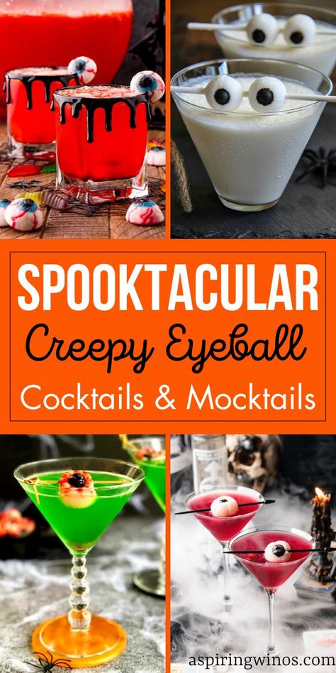 Creepy Eyeball Cocktails and Mocktails for Halloween | Eyeball Cocktails and Mocktails | Spooky Halloween Cocktail and Mocktail Recipes | Halloween Recipes For Everyone | Halloween Drinks To Serve At Your Party #Halloween #Cocktails #Mocktails #HalloweenCocktails #HalloweenMocktails #EyeballCocktails #EyeballMocktails Eyeball Ice Cubes, Mocktail Recipe Halloween, Jello Eyeballs, Eyeball Cocktail, Halloween Mocktail Recipe, Mocktail Ideas, Fun Halloween Drinks, Halloween Alcohol, Creepy Eyeball