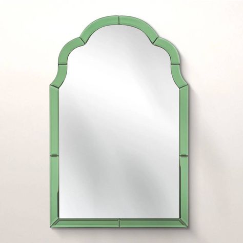 Aurora glass wall mirror, green, £115 from Oliver Bonas. This sweet green mirror would bring a fresh pop of colour to any bathroom and become a really lovely feature. [button url="https://www.oliverbonas.com/homeware/aurora-green-glass-wall-mirror-252690?gclid=Cj0KCQjw--GFBhDeARIsACH_kdYXQqtLTY0YCkwKVN-r5Yg_LNuiBIcYfCTwM6qEvNdMSwswO-UrKykaAiAHEALw_wcB#selection.color=Green"]Shop now[/button] Oliver Bonas Mirror, Bathroom Mirror And Shelf Ideas, Tilting Bathroom Mirror, Vintage Mirror Wall Decor, Vintage Bathroom Mirrors, Green Wall Mirrors, Colourful Bathroom, Bathroom Mirror With Shelf, Scalloped Mirror