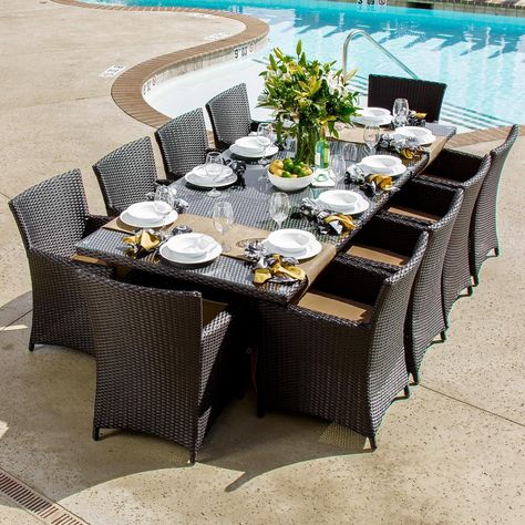 Dine in style with this resin wicker patio dining set by Lakeview. The table expands from 72 to 102 inches and features 3 pieces of tempered glass tops. Browse our numerous collections of patio dining sets and bring the party outside! 10 Person Dining Table, Avery Island, Resin Wicker Patio Furniture, Wicker Dining Set, Outdoor Patio Set, Patio Sofa Set, Wicker Patio Furniture, Patio Dining Table, Extension Table