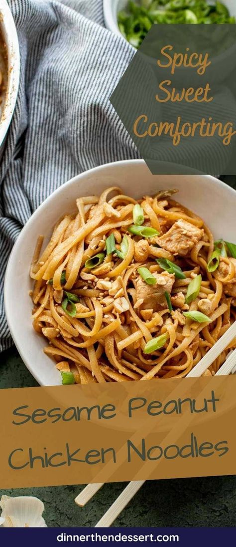 Sesame Peanut Chicken Noodles is the perfect flavorful dish ready in 20 minutes! Tossed in sweet, spicy peanut sauce with honey and sriracha. Peanut Sauce Noodles Chicken, Peanut Chicken Noodles, Thai Peanut Noodles, Peanut Sauce Noodles, Peanut Butter Chicken, Thai Peanut Chicken, Homemade Chinese, Homemade Chinese Food, Chinese Foods