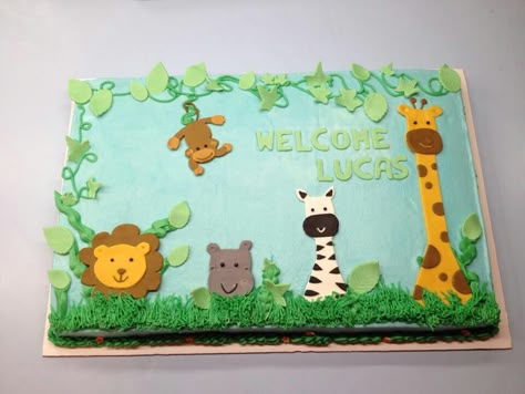 Idea. Picture only Vanilla Chiffon Cake, Jungle Baby Shower Cake, Square Birthday Cake, Animal Baby Shower Cake, Baby Shower Sheet Cakes, Safari Baby Shower Cake, Jungle Theme Cakes, Gender Reveal Cakes, Jungle Cake