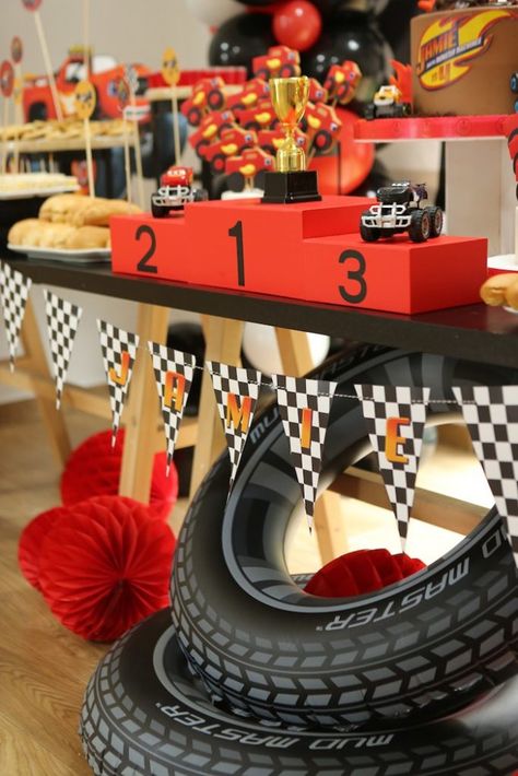 Blaze And The Monster Machines Birthday Decorations, Blaze Party Ideas, Monster Truck Birthday Party Ideas Decoration, Blaze And The Monster Machines Birthday, Blaze Party Decorations, Machine Birthday Party, Two Fast Two Furious, Trophy Stand, Blaze Birthday Party