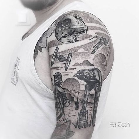 Star Wars Tattoo Design, New Age Tattoo, Star Wars Tattoo Sleeve, Darth Vader Tattoo, Star Trek Tattoo, Holy Grail Tattoo, Germany Tattoo, Berlin Tattoo, Star Wars Tattoo