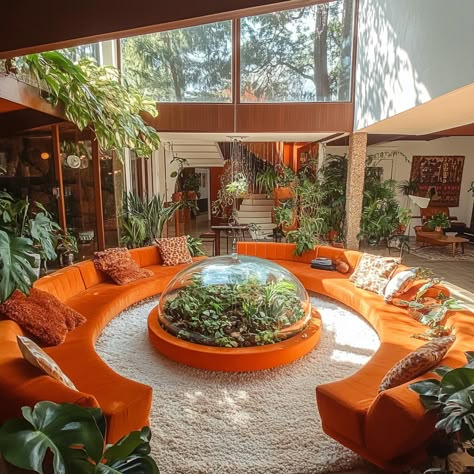 70s House Conversation Pit, 70s Pit Living Room, 70s Conversation Pit Aesthetic, 70s Living Room Pit, Retro Seating Area, Retro Conversation Pit, 80s Conversation Pit, Home Decor Ideas 70s, 1970s Aesthetic Living Room