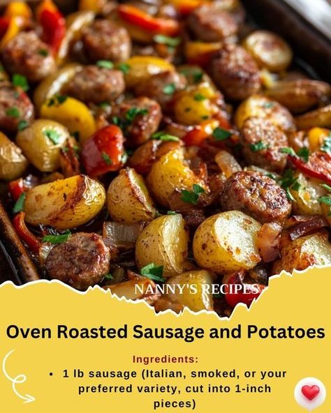 Oven Roasted Sausage and Potatoes Recipe Roasted Potatoes With Sausage, Oven Roasted Potatoes And Sausage, Potato Sausage Bake, Smoked Sausage And Potatoes In Oven, Italian Sausage And Potatoes In Oven, Oven Roasted Sausage And Potatoes, Sausage And Potatoes In Oven, Sausage And Potato Recipes, Oven Roasted Sausage