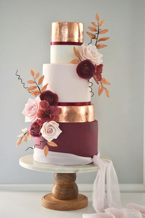 Burgundy, Blush & Copper wedding Cake Wedding Cake Burgundy Gold, Copper Wedding Cake, Wedding Cakes Maroon, Wedding Cake Designs Elegant, Gold And Burgundy Wedding, Navy And Burgundy Wedding, Burgundy Wedding Cake, Blush Wedding Cakes, Rose Gold Wedding Cakes