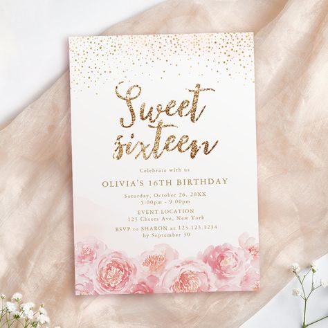 Elegant script gold & blush floral sweet sixteen invitation Sweet 16 Birthday Invitations, Flower Birthday Invitations, Summer Birthday Invitations, Sweet Sixteen Birthday Invitations, 16th Birthday Invitations, Sweet Sixteen Invitations, Spring Birthday, Sweet 16 Birthday Party, Sweet Sixteen Birthday