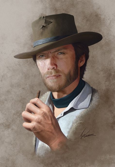 Clint Eastwood Cowboy, The Man With No Name, Man With No Name, Eastwood Movies, Clint Walker, Portrait Study, Western Artwork, Arte Alien, Spaghetti Western