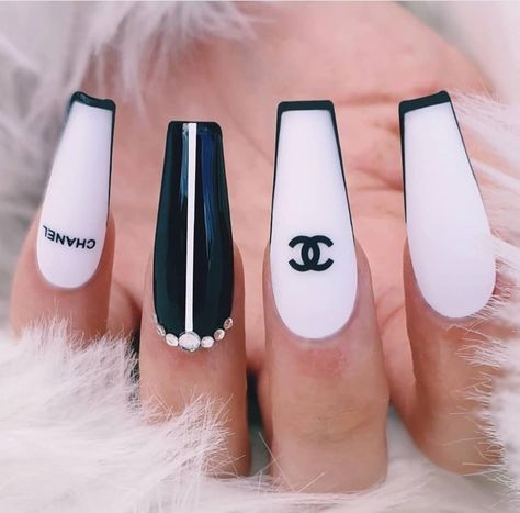 #Nails Chanel Chanel Nail Art Design, Black And White Chanel Nails, Chanel Aesthetic Nails, Nails Chanel Design, Chanel Design Nails, Coach Nails Designs, Short Sporty Nails, Channel Nails Designs, Chanel Nails Design Classy