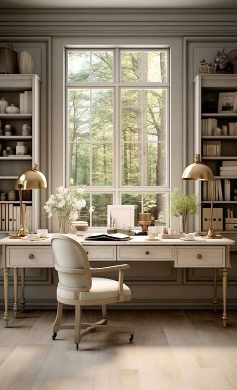 French Cottage Office, Home Office With Bookshelves, Office With Library, French Country Home Office, Classic Home Office, French Country Office, Classic Office Design, Library Home Office, Office Redesign