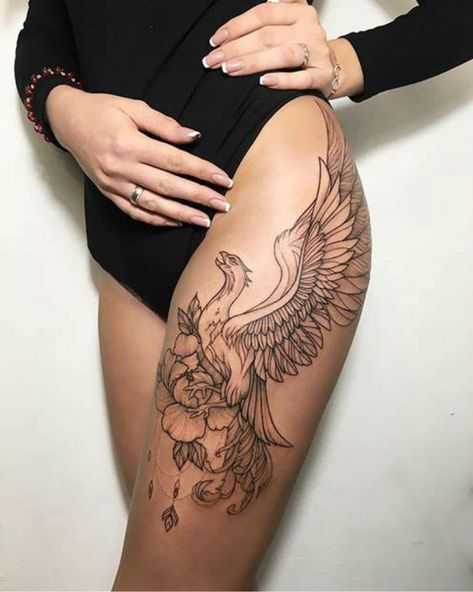 25 Gorgeous Phoenix Tattoo Designs You Must Love And Try | Women Fashion Lifestyle Blog Shinecoco.com Protection Tattoo, Phönix Tattoo, Nouveau Tattoo, Flower Thigh Tattoos, Thigh Tattoo Designs, Phoenix Tattoo Design, Disney Tattoo, Geniale Tattoos, Initial Tattoo