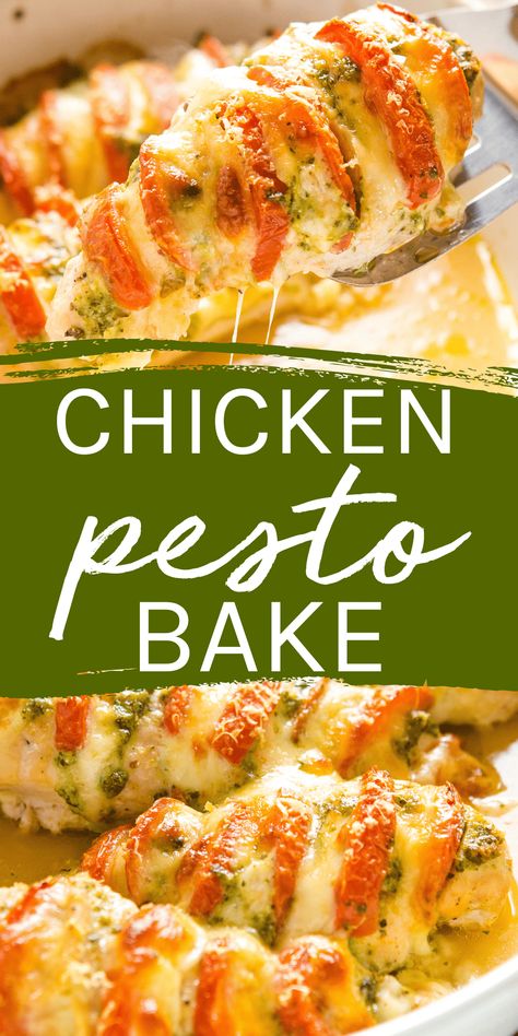 This Pesto Chicken Bake recipe is an easy low-carb protein-packed main dish with fresh tomato, pesto & melted mozzarella cheese. Recipe from thebusybaker.ca! #pestochicken #pestochickenbake #chickenandpesto via @busybakerblog Chicken With Pesto And Mozzarella, Pesto Chicken Recipes Baked, Chicken Pesto Recipes Baked, Baked Chicken With Pesto, Creamy Pesto Chicken Bake, Chicken Pesto Mozzarella Bake, Mozzarella Pesto Chicken, Chicken Pesto Bake Meal Prep, Pesto Chicken Side Dishes