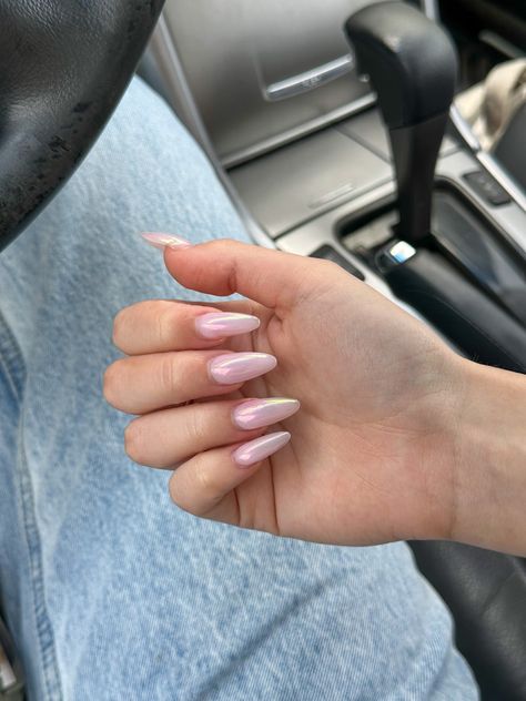 hailey bieber nails, pink chrome nails, almond nails Hayley Bieber Nails Pink Chrome, Halie Bieber Nails Chrome, Ballerina Chrome Nails, Hailey Beiber Nails Trend Pink, Uñas Hayley Bieber, Hailey Bieber Nails Pink, Pink Chrome Almond Nails, Light Pink Chrome Nails, Hayley Bieber Nails