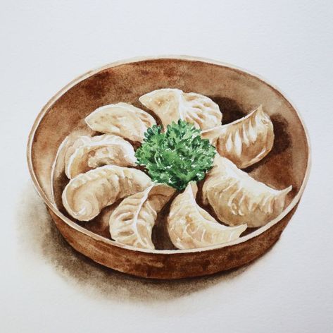 Momo Food, Drawing Kitchen, Meat Cake, Food Illustration Design, Painting Food, Polymer Clay Food, Art Tutorials Watercolor, Food Illustration Art, Singapore Food