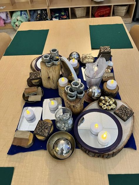 Loose Parts Play | My “Reflections” provocation full of shiny and reflective surfaces. | Facebook Loose Parts Provocation, Toddler Loose Parts, Reggio Provocations, Loose Parts Play, Eyfs Classroom, Block Play, Reggio Inspired, Invitation To Play, Outdoor Classroom