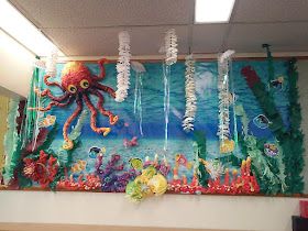 Birthday Bulletin Board Ideas, Beach Bulletin Boards, Sea Bulletin Board, Coral Reef Craft, Ocean Bulletin Board, Birthday Bulletin Board, Under The Sea Decorations, Sea Party Ideas, Ocean Theme Classroom