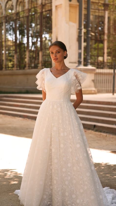 Whimsical Aline Wedding Dress, Wedding Dresses A Line Short Sleeves, Wedding Dress With Short Flowy Sleeves, Princess Wedding Dresses Modest, Floral Modest Wedding Dress, French Country Wedding Flowers, Simple Wedding Dress With Short Sleeves, Modest Wedding Gowns With Sleeves, Soft Romantic Wedding Dress