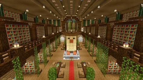 Modern Library Minecraft, Overgrown Library Minecraft, Minecraft Library Ideas Interior, Big Library Minecraft, Library Minecraft Ideas Outside, Minecraft Grand Library, Minecraft Atrium, Minecraft Building Ideas Library, Ceiling Design Minecraft