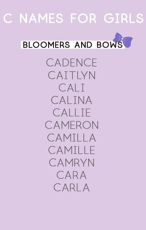 Cute, casual or classic, this list of names that start with the letter “C”  could contain the perfect name for your baby. Here are girl names that start with C. In 2018, the most popular C name, according to Social Security Administration, was Charlotte. Coming in at number six on the list. A classic and also […] The post Girl Names that Start with C appeared first on Bloomers and Bows. Names That Start With Letter C, Girl Names That Start With Letter C, C Names For A Girl, C Names For Girls, C Girl Names, C Names, Names Starting With C