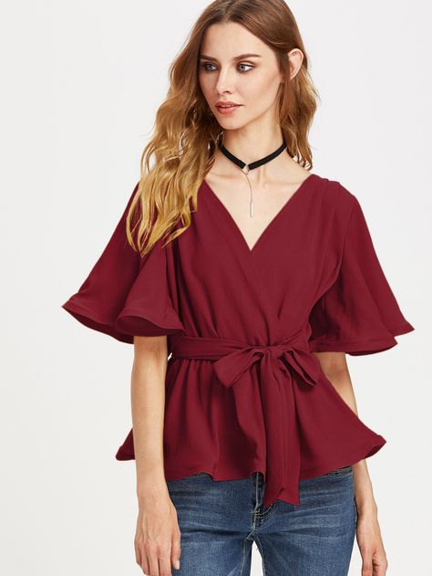 Shop Flutter Sleeve Belted Surplice Wrap Top online. SheIn offers Flutter Sleeve Belted Surplice Wrap Top & more to fit your fashionable needs. Peplum Wrap Top, Short Models, Chambray Top, Plain Tops, Wrap Blouse, Sleeves (women), Wrap Top, Flutter Sleeve, Chambray