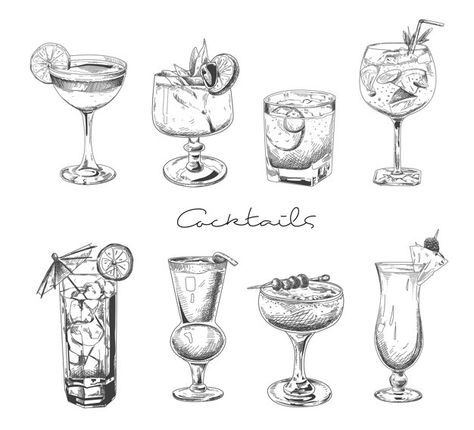 Hand drawn cocktail. alcoholic drinks in... | Premium Vector #Freepik #vector #food #menu #party #hand Gin Glass Tattoo, Cocktail Glass Tattoo, Gin Tattoo, Cocktail Tattoo, Cocktail With Rum, Cocktails Drawing, Glasses Sketch, Margarita Martini, Gordon's Gin