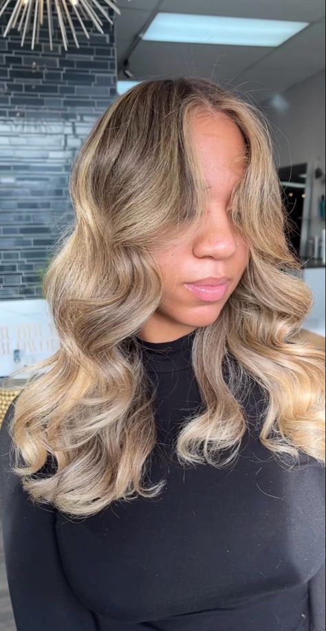 Fall Blonde Hair Black Women, Blonde Balayage On Brown Girl, Brown Blonde Balayage Black Women, Medium Blonde Hair Black Women, Dimensional Blonde Black Women, Blond Balayage Black Women, Black Hair With Highlights Blonde Girl, Sandy Brown Hair With Highlights Black Women, Honey Blonde Balayage Black Hair