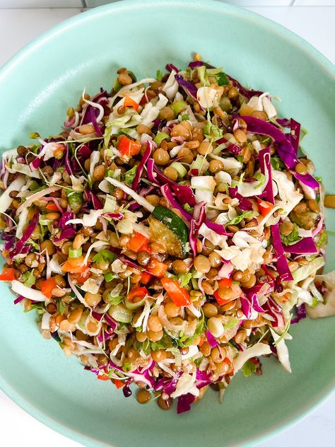 Rainbow Lentil Salad Rainbow Veggie Salad, Lentil Salad With Roasted Vegetables, Baked By Melissa Green Goddess Salad, Cabbage And Peppers, Lentil And Roasted Vegetable Salad, Rainbow Chard Salad, Spring Salads, Chopped Veggies, Cholesterol Recipes