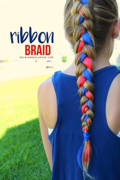 ribbon braid for 4th of July Braiding Hair With Ribbon, Braiding With Ribbon, Braid Ribbon In Hair, Ribbon In Braid, 4th Of July Hair, Softball Hairstyles, Ribbon Braids, Pretty Braids, July Outfits