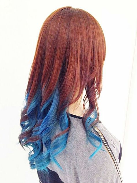 Reddish brown base with blue highlights. Copper Hair With Blue Highlights, Auburn Hair With Blue Highlights, Blue Highlights In Red Hair, Red Hair Blue Highlights, Ginger Hair With Blue Highlights, Blue To Red Hair, Red Hair With Blue Tips, Copper And Blue Hair, Ginger And Blue Hair