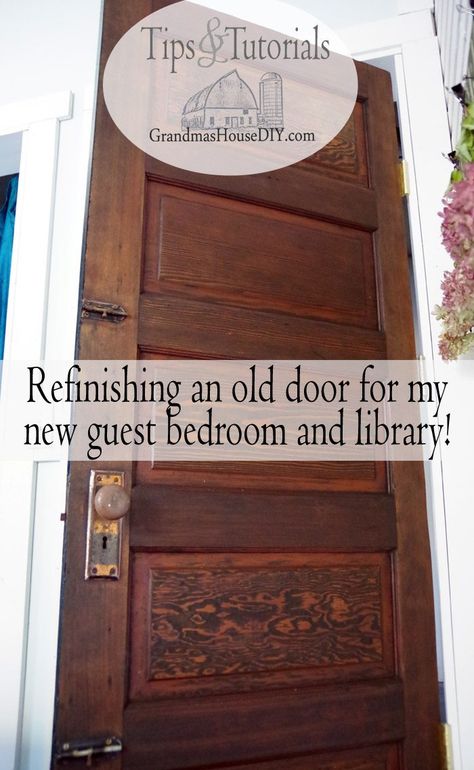 How to refinish a 100 year old door by sanding down and restaining on one side and painting it out with two coats of gloss rustoleum black paint on the other side. Reusing, recycling, solid wood antique door with old brass knob for my new guest bedroom and library. #remodel #door # InspirationSpotlight Antique Doors In House, Old Wood Furniture, Old Wood Doors, Wood Furniture Living Room, Old Wooden Doors, Pine Doors, Hardwood Doors, Brass Knob, Grandma's House