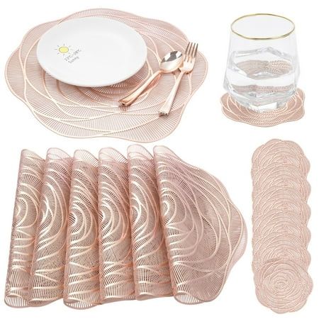 Dining Table Centerpieces For Home, Dining Table Centerpieces, Gold Placemats, Dining Centerpiece, Golden Table, Table Centerpieces For Home, Dinner Places, Rose Gold Decor, Bridal Shower Tables