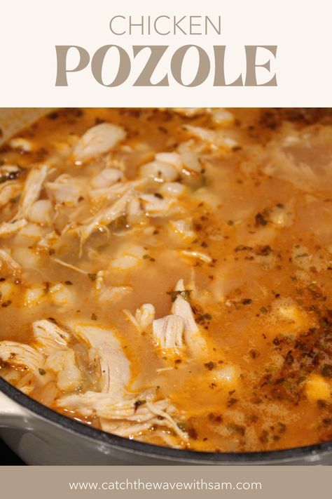 CHICKEN POZOLE Poached Chicken Soup, How To Make Pozole Chicken, Chicken Pizzoli Soup, Chicken Pozole Recipe Easy, Pazole Soup Mexican Posole Chicken, Mexican Chicken Noodle Soup Recipe, Mexican Hominy Soup, Chicken Pozole Soup, Soups With Hominy